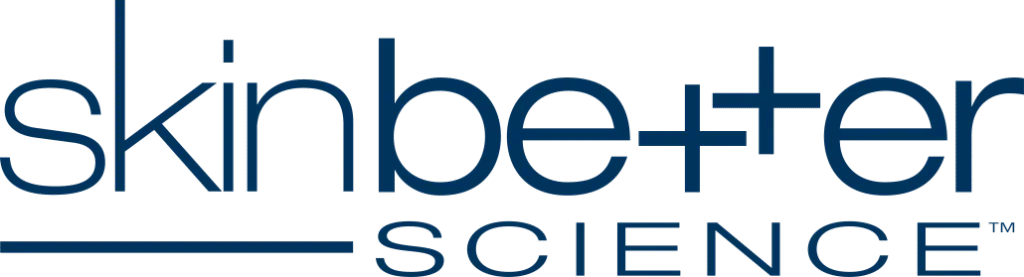 Logo of skinbetter science in dark blue font with a stylized cross in the letters b and e.
