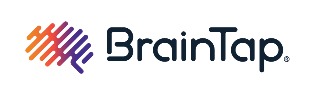 The image shows the BrainTap logo, which includes a stylized brain-shaped design in shades of purple, pink, and orange, followed by the word BrainTap in a sleek, modern font.