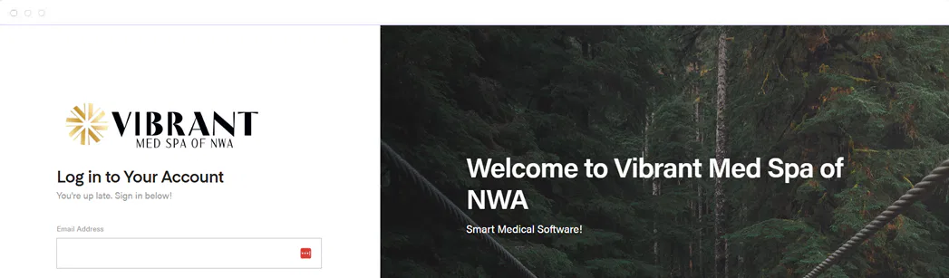 A login page for Vibrant Med Spa of NWA with a sign-in form on the left and a welcome message on the right. The background features lush greenery and a wooden bridge.